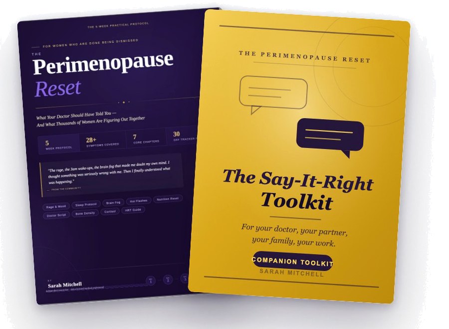 The two covers side by side: The Perimenopause Reset, the 5-week protocol, and the Say-It-Right Toolkit, the companion toolkit
