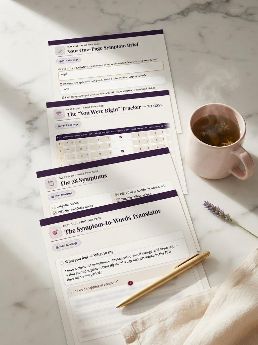 Four printed pages of the toolkit laid out on a marble counter beside a cup of tea: the One-Page Symptom Brief, the 30-day tracker, the 28 Symptoms checklist and the Symptom-to-Words Translator
