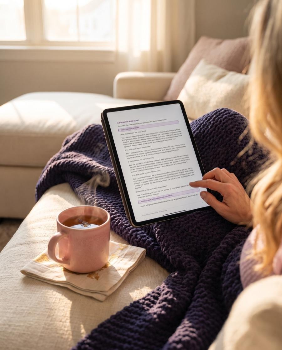 A woman reading the doctor script of the Say-It-Right Toolkit on a tablet, wrapped in a blanket on her sofa, a cup of tea beside her