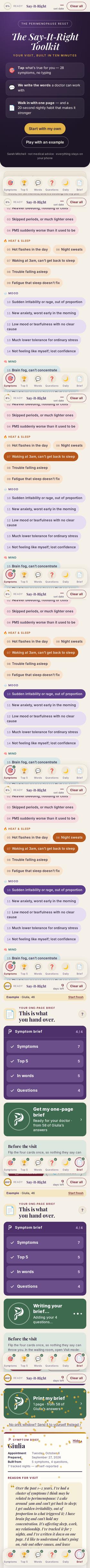 The Say-It-Right Toolkit on a phone: open it, tap the symptoms that are true for you, tap Get my one-page brief, and the Brief is written and ready to hand over